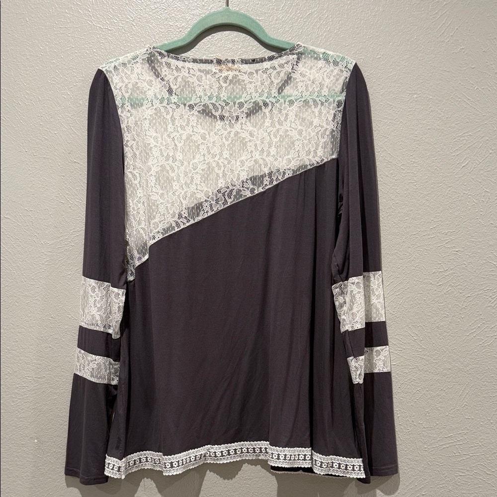 POL Black Long Sleeve Top with White Lace Insets. PTP 21”, Length 27” - Picture 2 of 5